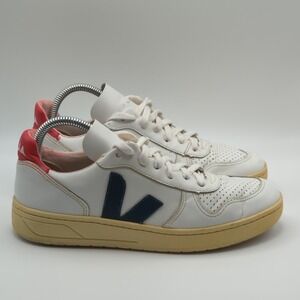 Veja V Logo Shoes‎ Womens Size 8 White Blue Red Leather Casual Sneakers Lace Up